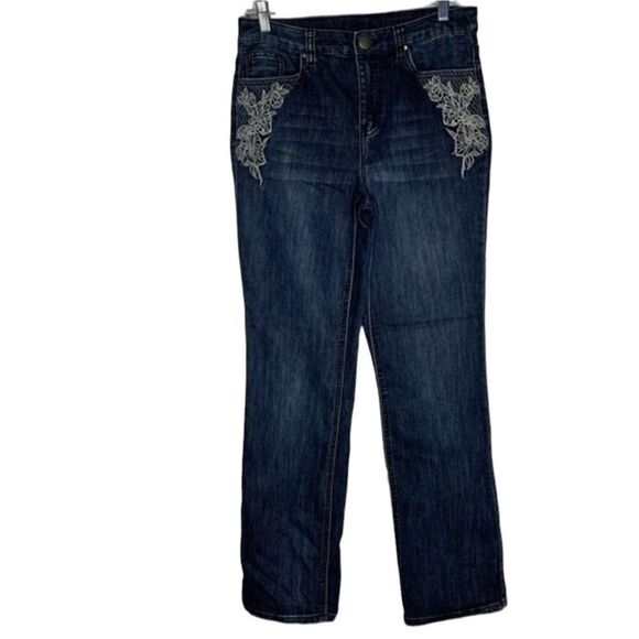 Christopher & Banks Jeans Women’s 4 Blue 10” Rise Bootcut Floral Embroidered - Picture 1 of 10